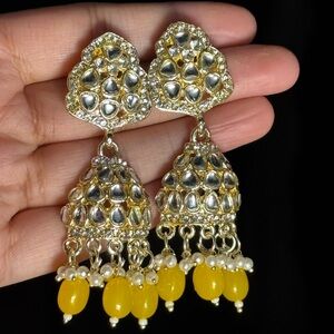 Gold and Silver Dangle Earrings with Yellow Beads